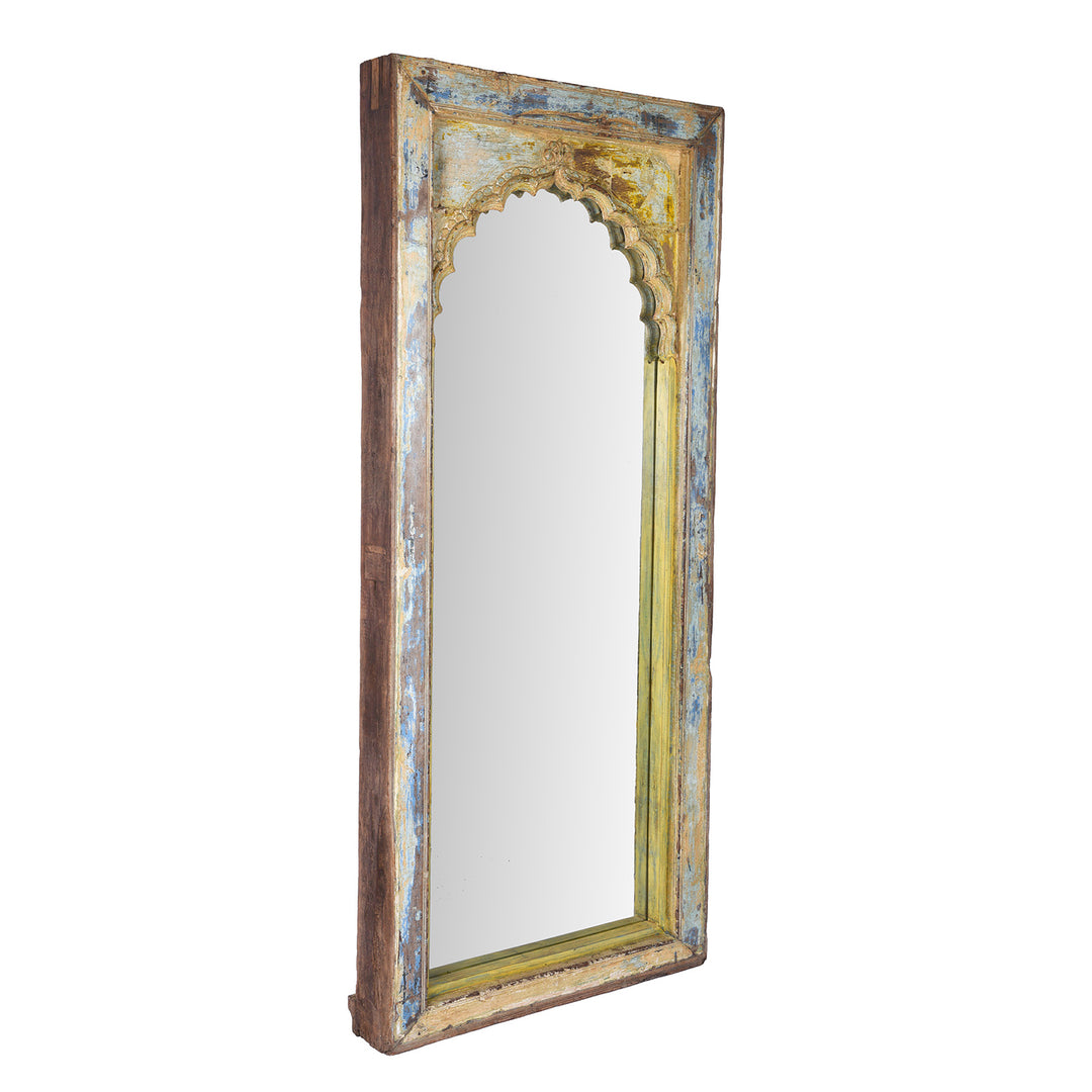 Angled View Of Antique Indian Painted Teak Arched Door Mirror | Indigo Antiques