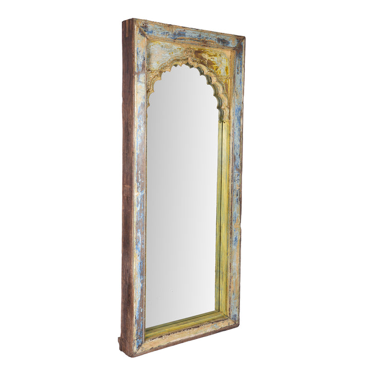 Angled View Of Antique Indian Painted Teak Arched Door Mirror | Indigo Antiques