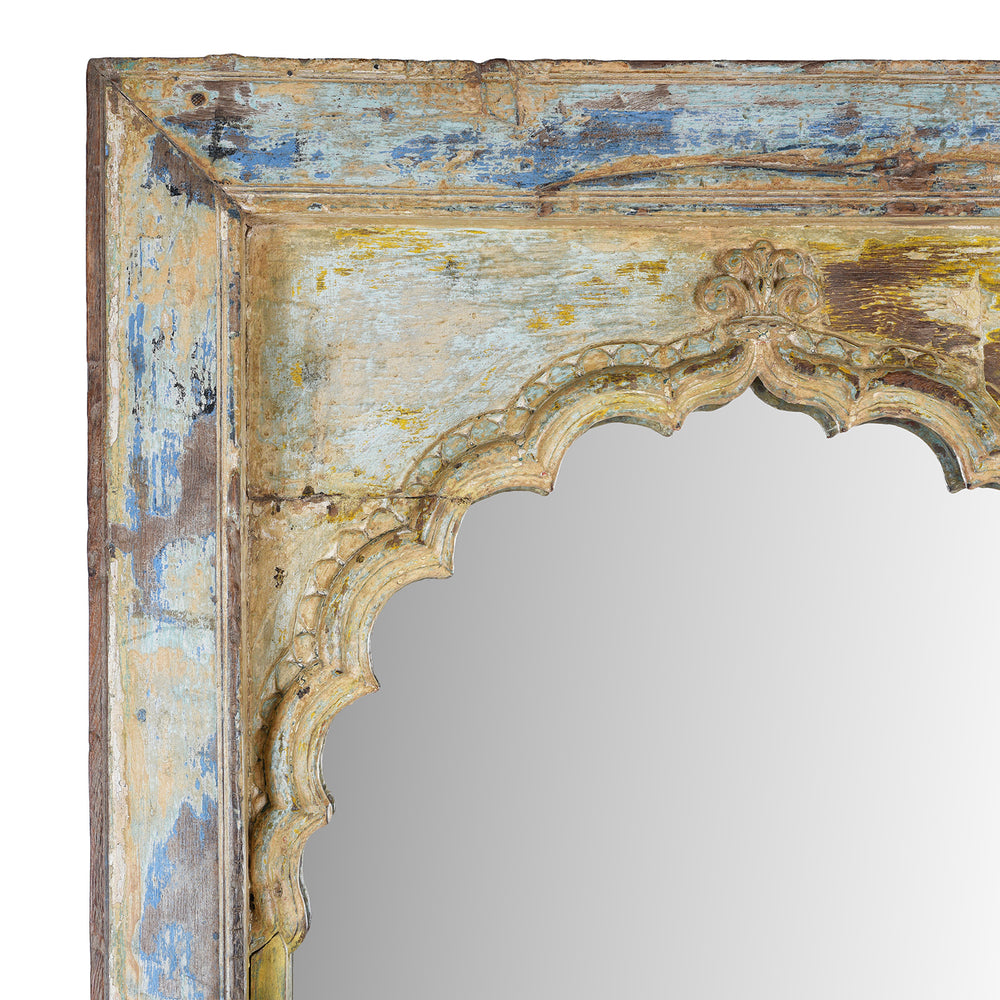 Corner Detail From Antique Indian Painted Teak Arched Door Mirror 