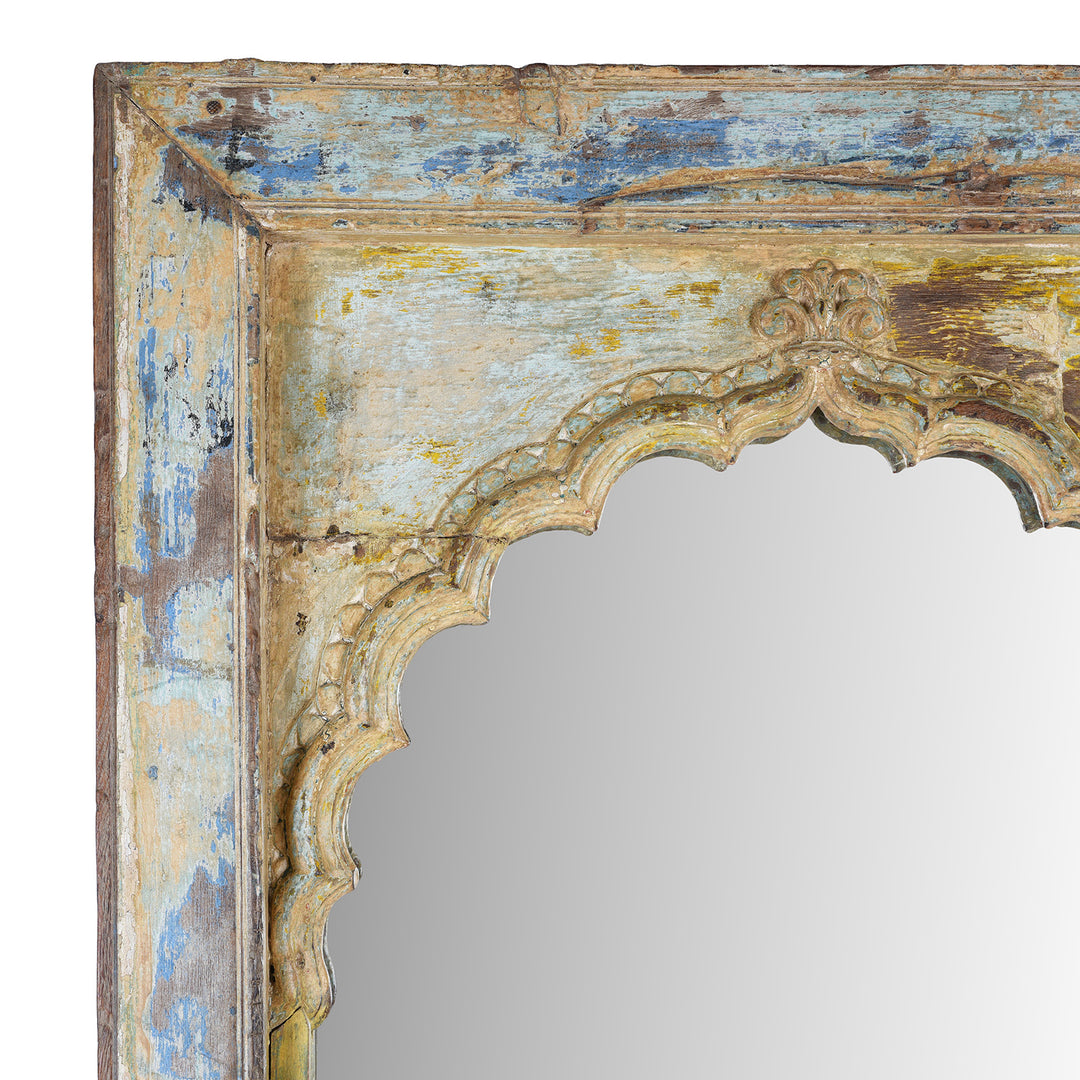 Corner Detail From Antique Indian Painted Teak Arched Door Mirror 