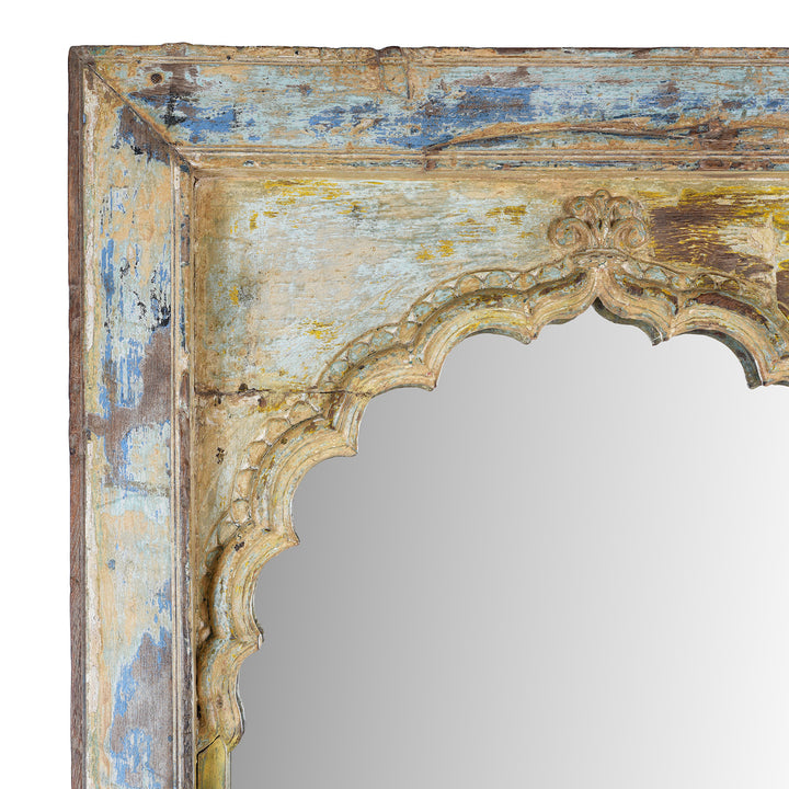 Corner Detail From Antique Indian Painted Teak Arched Door Mirror 