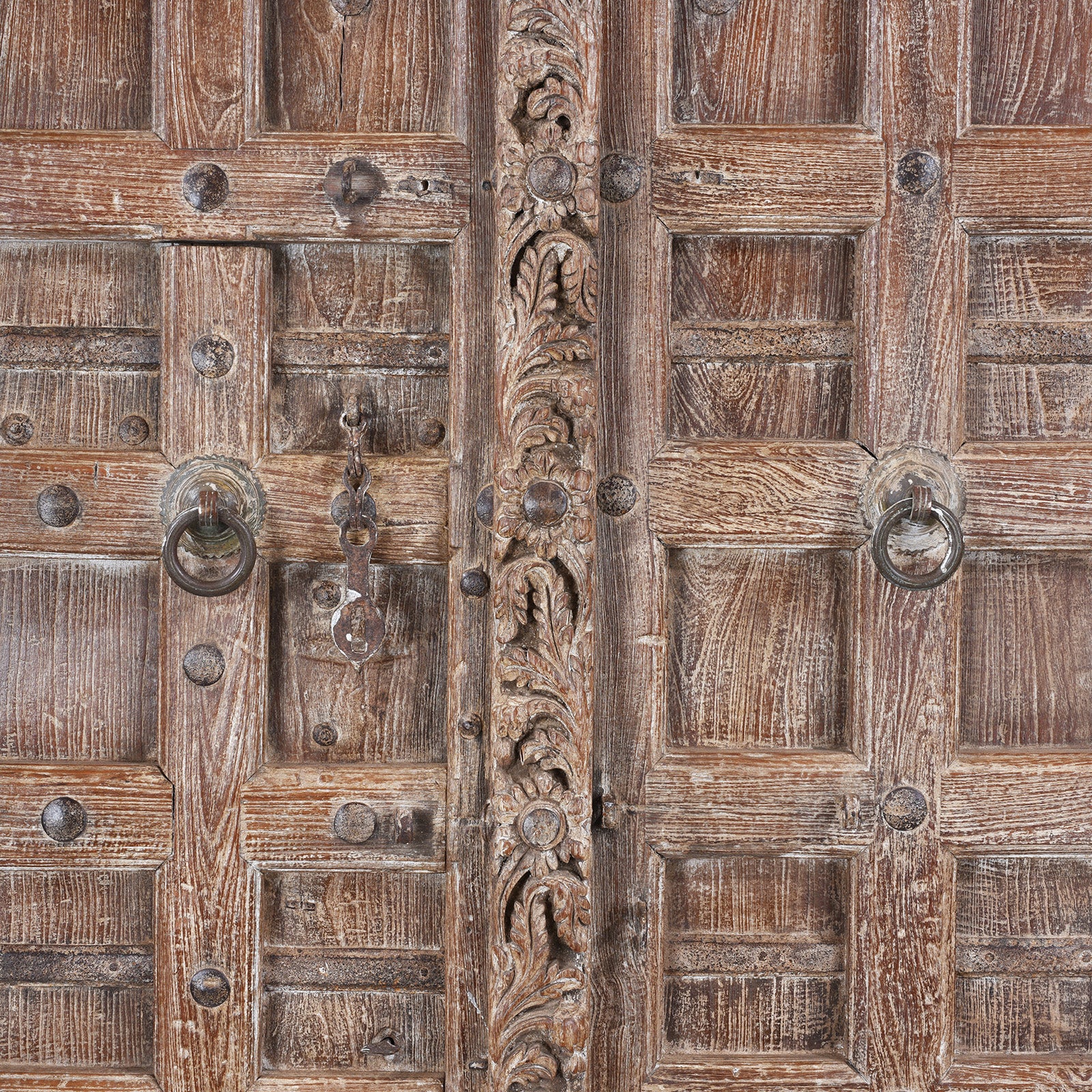 Carving Detail From Antique 19Th Century Kutchi Teak Door And Carved Frame With Wicket Door And Lime Washed Finish From Gujarat India