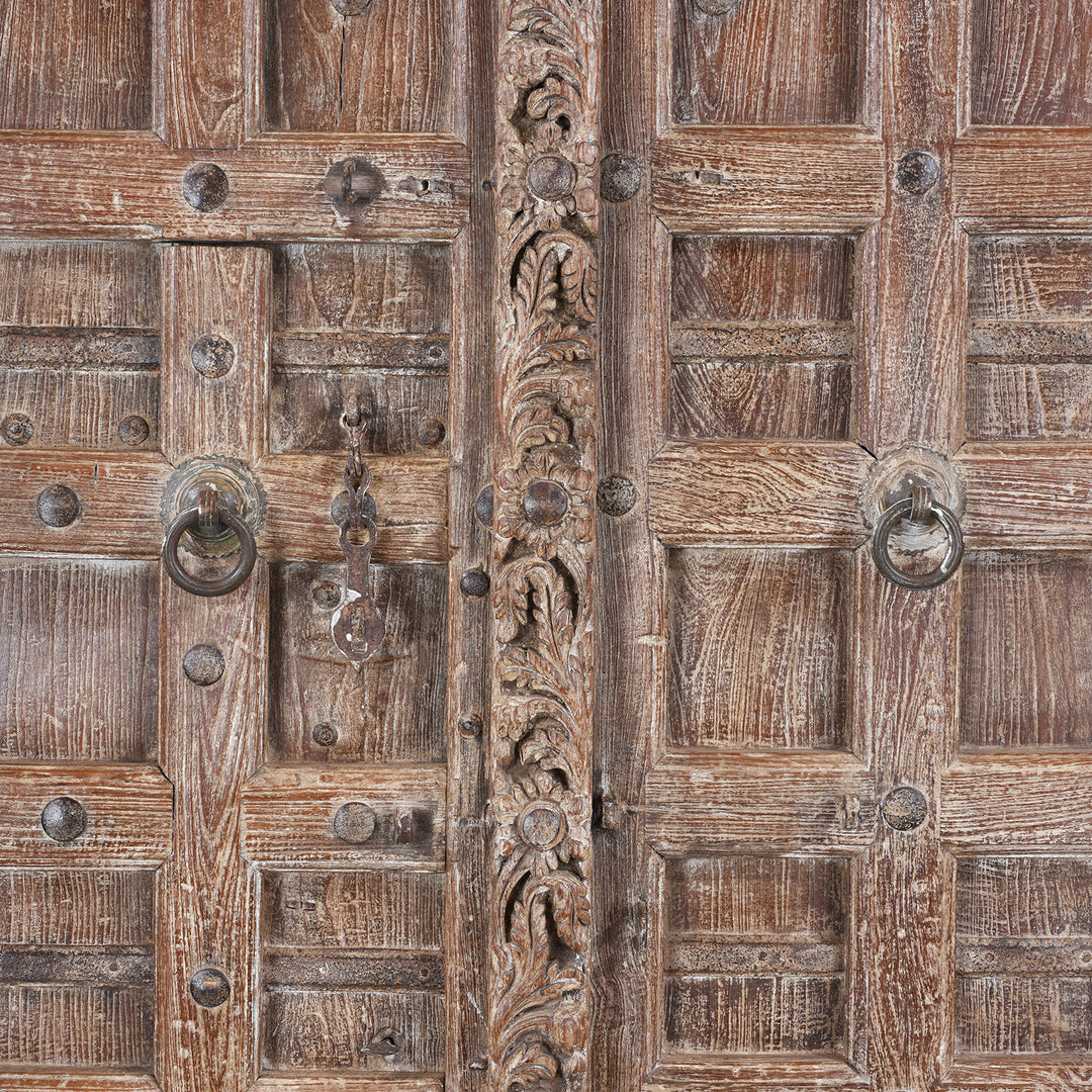 Carving Detail From Antique 19Th Century Kutchi Teak Door And Carved Frame With Wicket Door And Lime Washed Finish From Gujarat India