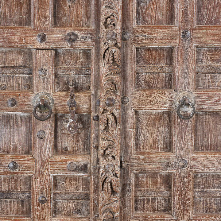 Carving Detail From Antique 19Th Century Kutchi Teak Door And Carved Frame With Wicket Door And Lime Washed Finish From Gujarat India