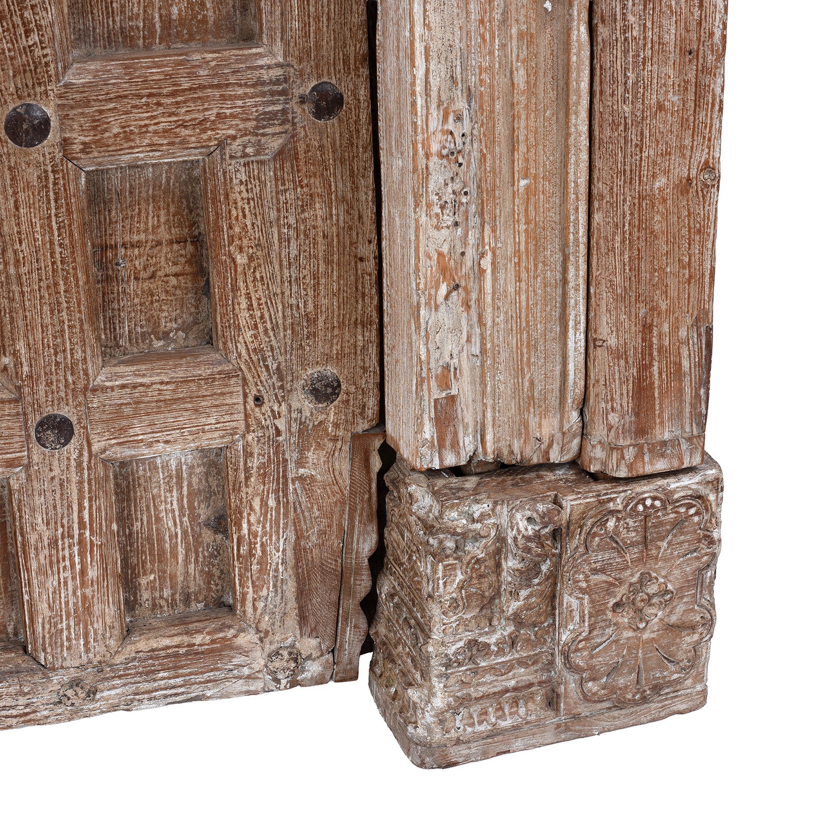Base Detail From Antique 19Th Century Kutchi Teak Door And Carved Frame With Wicket Door And Lime Washed Finish From Gujarat India