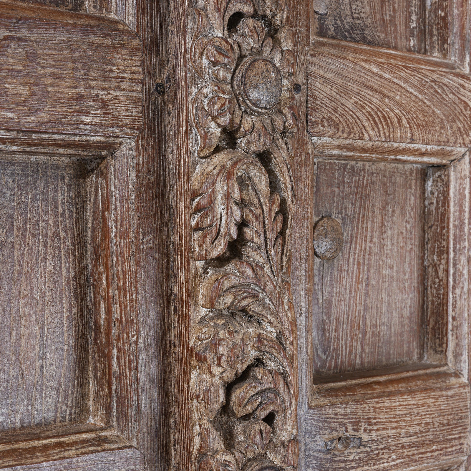 Carving Detail From Antique 19Th Century Kutchi Teak Door And Carved Frame With Wicket Door And Lime Washed Finish From Gujarat India