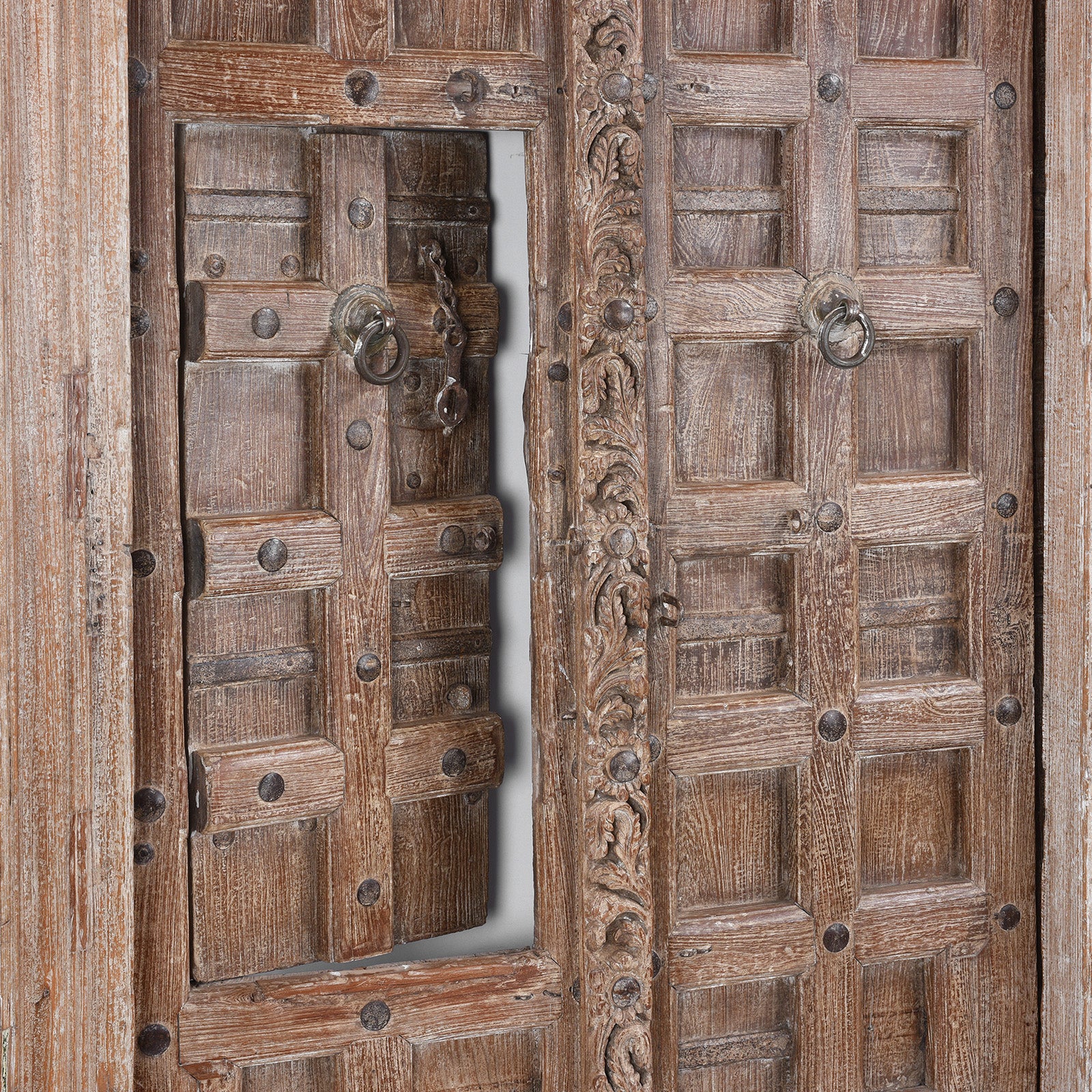 Interior Door Detail From Antique 19Th Century Kutchi Teak Door And Carved Frame With Wicket Door And Lime Washed Finish From Gujarat India