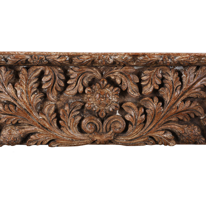Carving Detail From Antique 19Th Century Kutchi Teak Door And Carved Frame With Wicket Door And Lime Washed Finish From Gujarat India