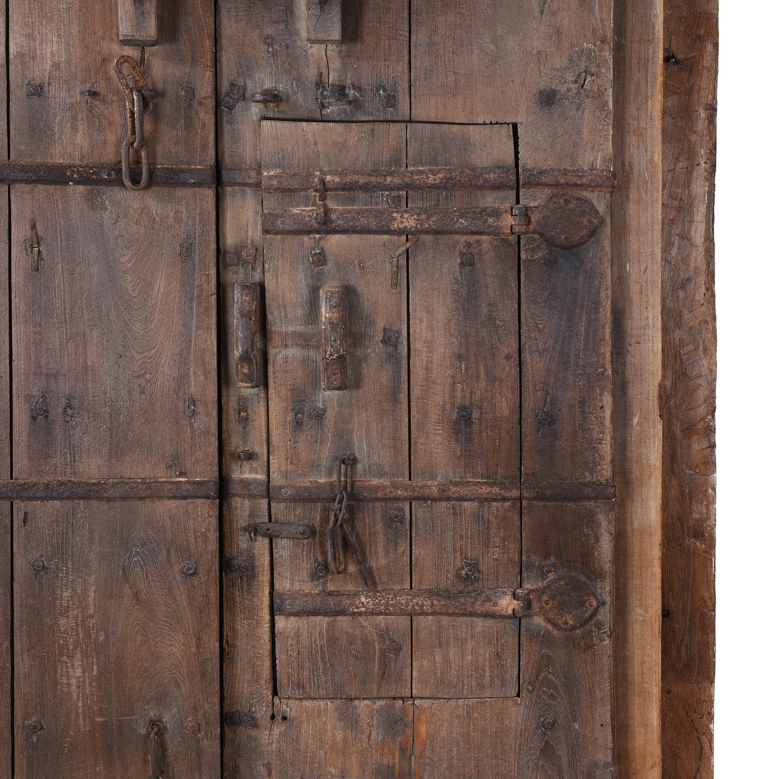 Back Detail From Antique 19Th Century Kutchi Teak Door And Carved Frame With Wicket Door And Lime Washed Finish From Gujarat India