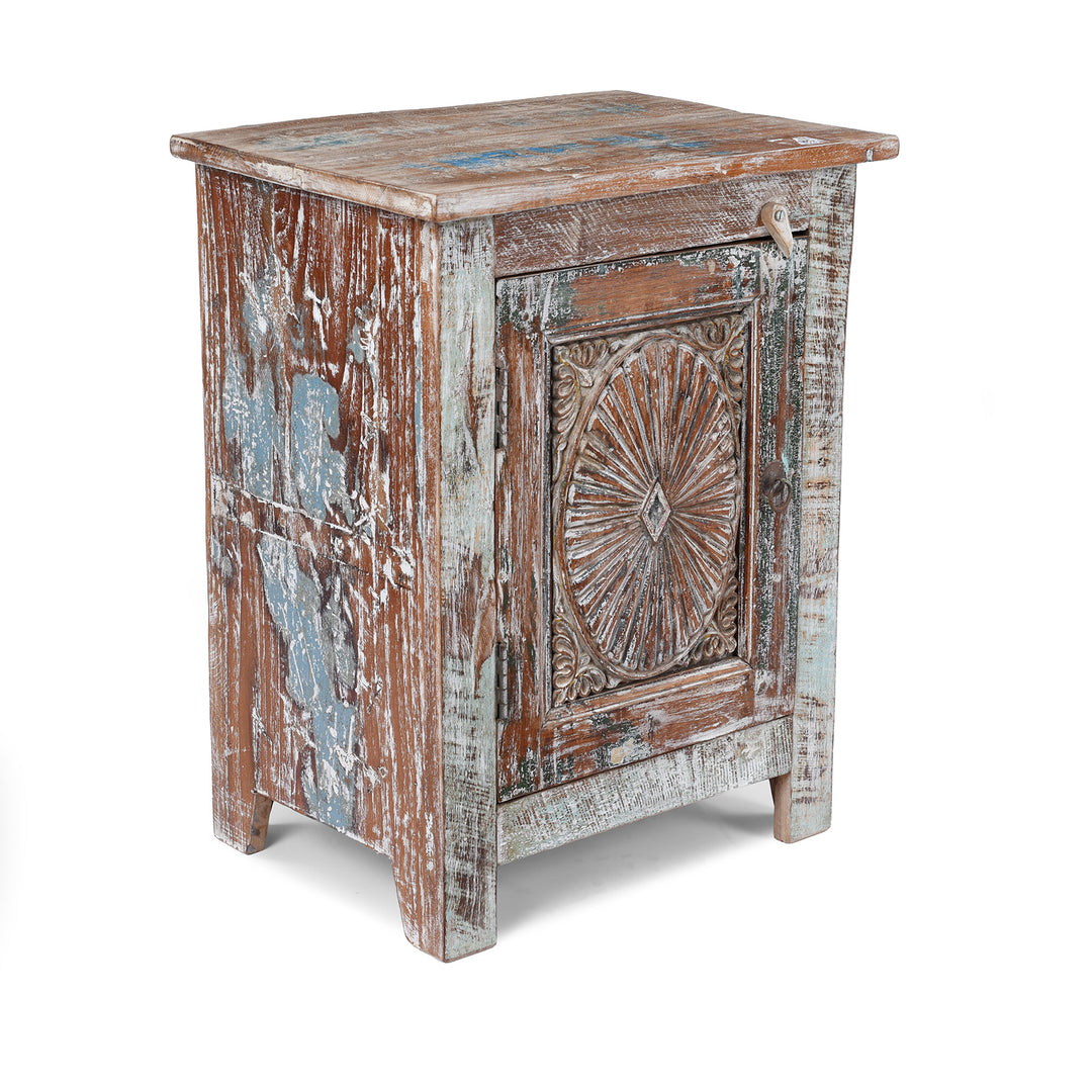 Angled VIew Of Left Opening Bedside Cabinet Made From Reclaimed Carved Teak | Indigo Antiques
