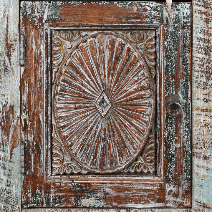 Door Detail From Left Opening Bedside Cabinet Made From Reclaimed Carved Teak | Indigo Antiques