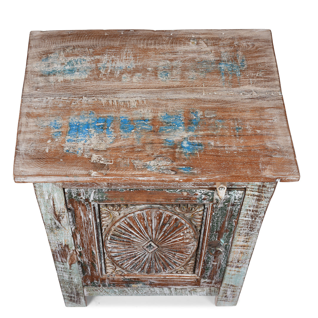 Top Down VIew Of Left Opening Bedside Cabinet Made From Reclaimed Carved Teak | Indigo Antiques