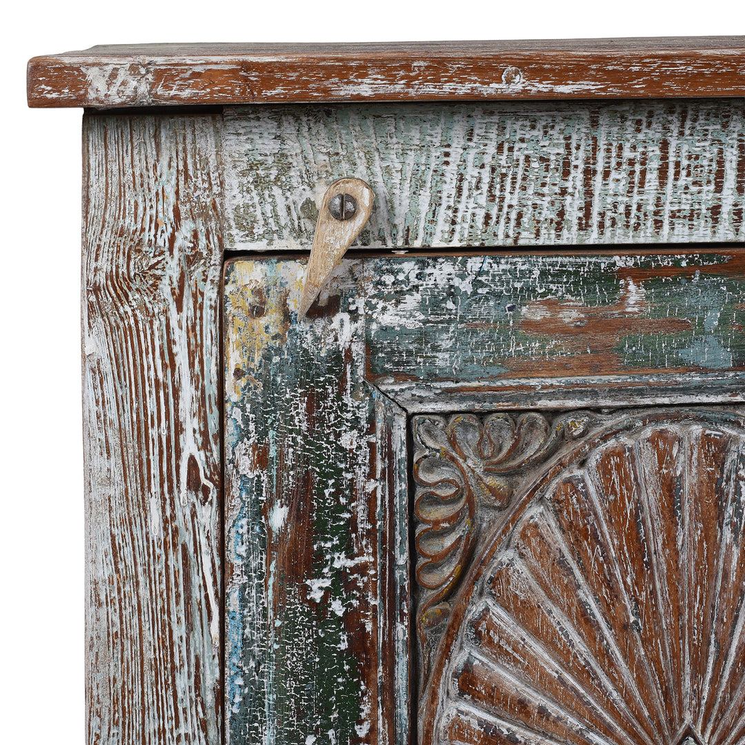 Corner Detail From Right Opening Bedside Cabinet Made From Reclaimed Carved Teak | Indigo Antiques