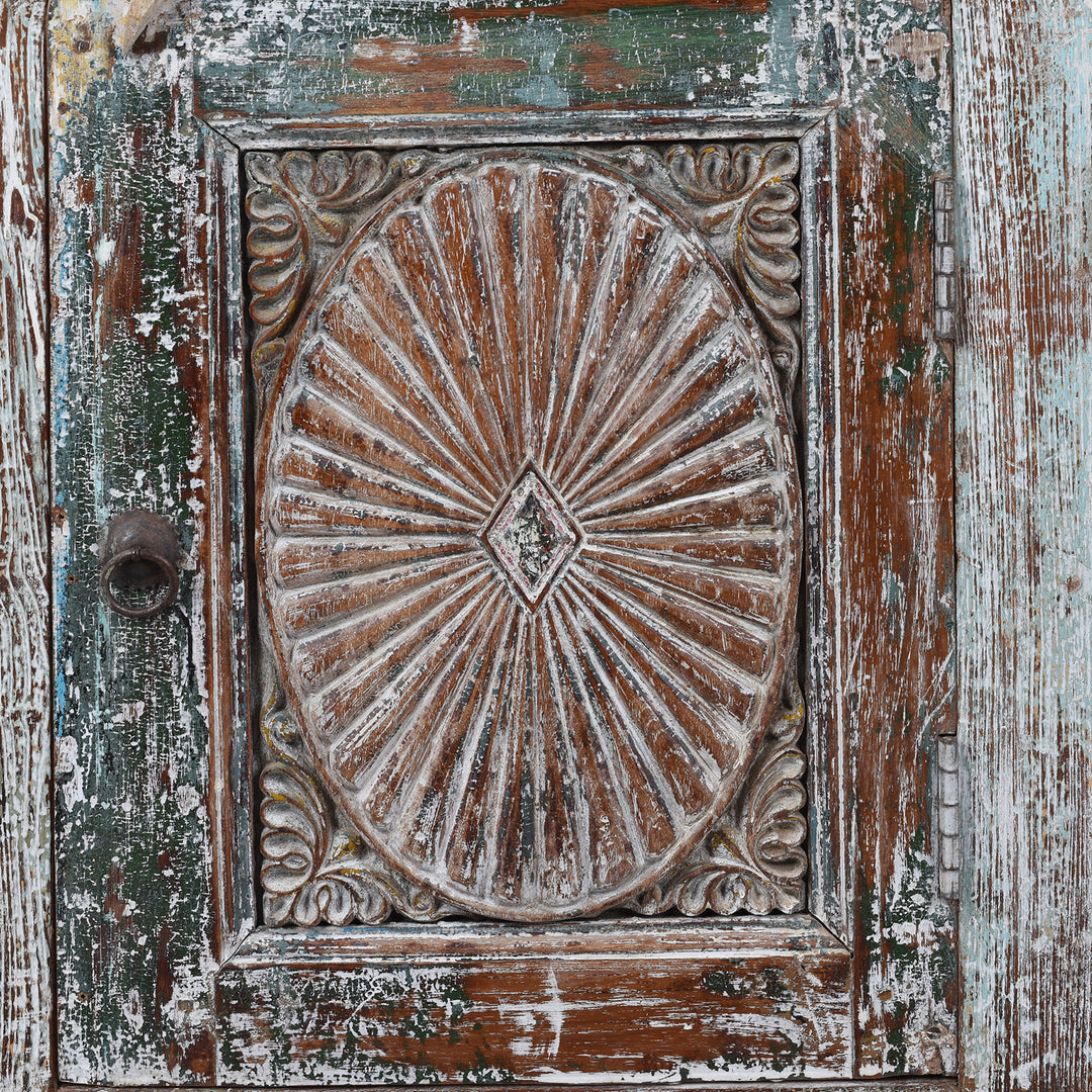 Door Detail From Right Opening Bedside Cabinet Made From Reclaimed Carved Teak | Indigo Antiques