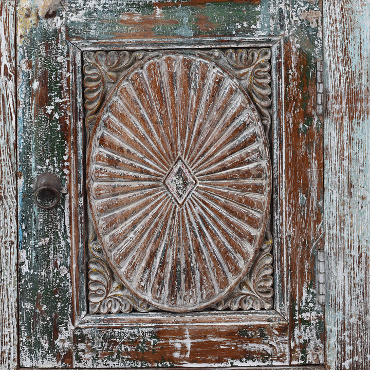 Door Detail From Right Opening Bedside Cabinet Made From Reclaimed Carved Teak | Indigo Antiques