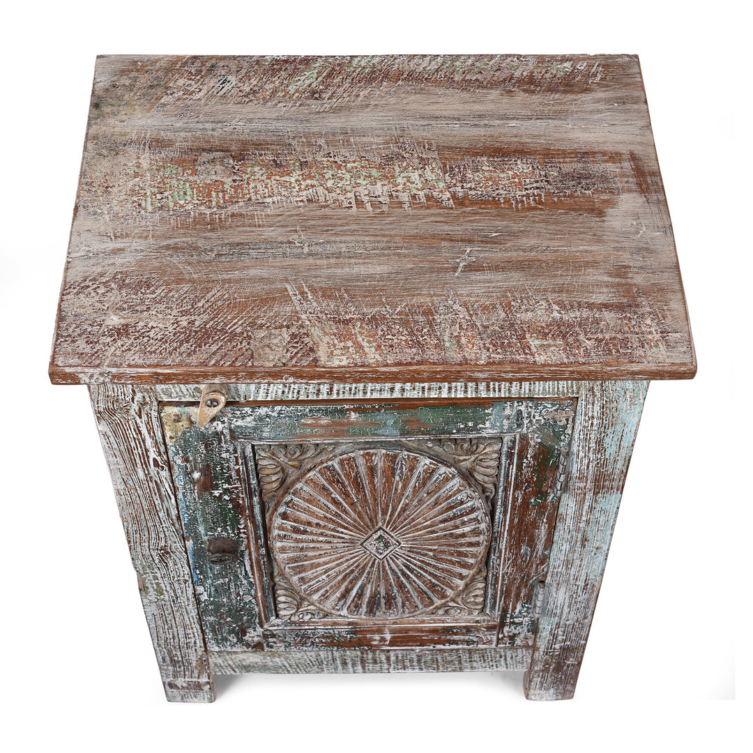Top Down View Of Right Opening Bedside Cabinet Made From Reclaimed Carved Teak | Indigo Antiques