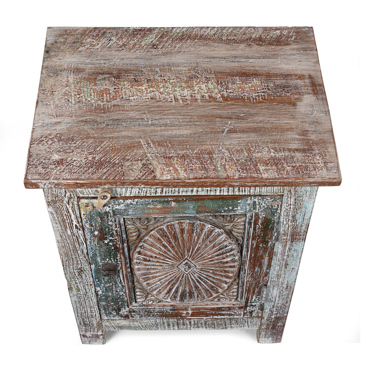 Top Down View Of Right Opening Bedside Cabinet Made From Reclaimed Carved Teak | Indigo Antiques