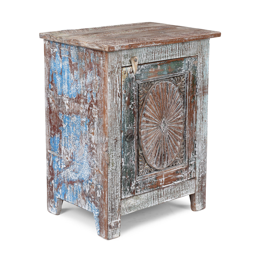 Angled View Of Right Opening Bedside Cabinet Made From Reclaimed Carved Teak | Indigo Antiques