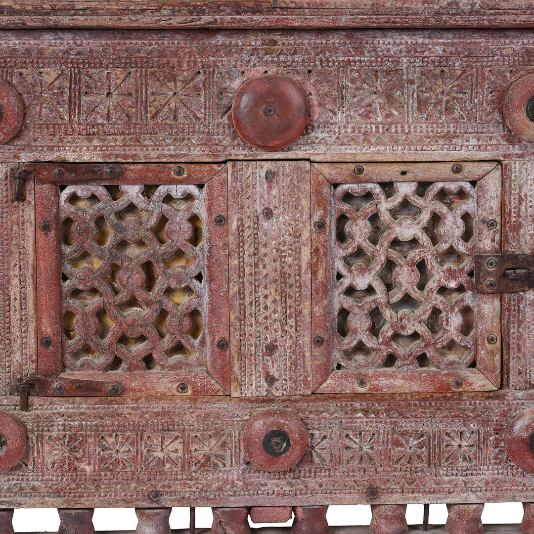 Door Carving Detail From Antique 19th Century Indian Majus Dowry Chest From Gujarat With Carved Panels Studs And Red Painted Finish | Indigo Antiques