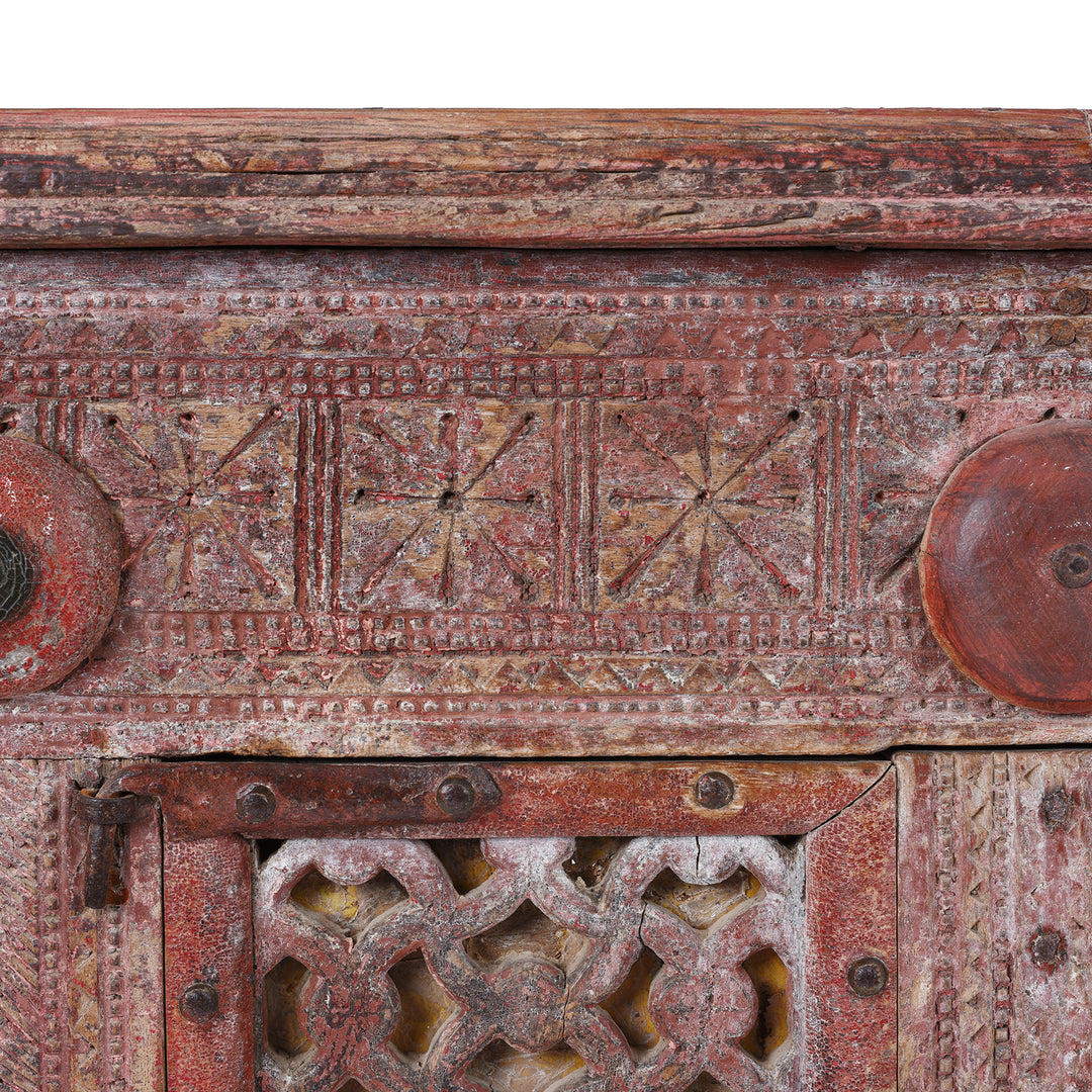Carving Detail From Antique 19th Century Indian Majus Dowry Chest From Gujarat With Carved Panels Studs And Red Painted Finish | Indigo Antiques