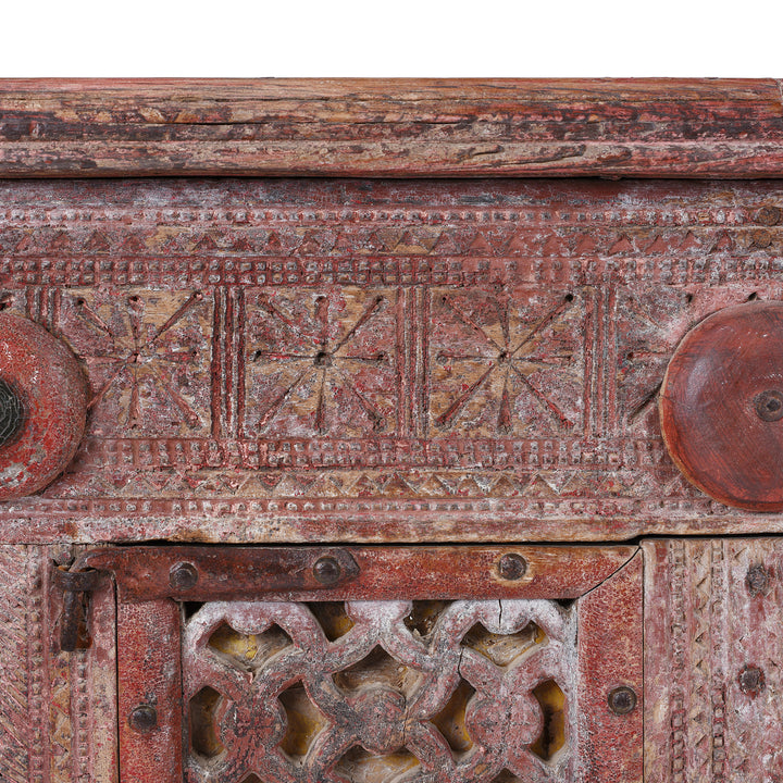 Carving Detail From Antique 19th Century Indian Majus Dowry Chest From Gujarat With Carved Panels Studs And Red Painted Finish | Indigo Antiques
