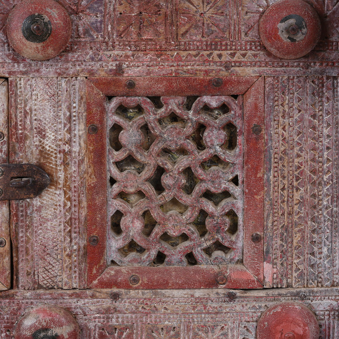 Antique 19th Century Indian Majus Dowry Chest From Gujarat With Carved Panels Studs And Red Painted Finish | Indigo Antiques