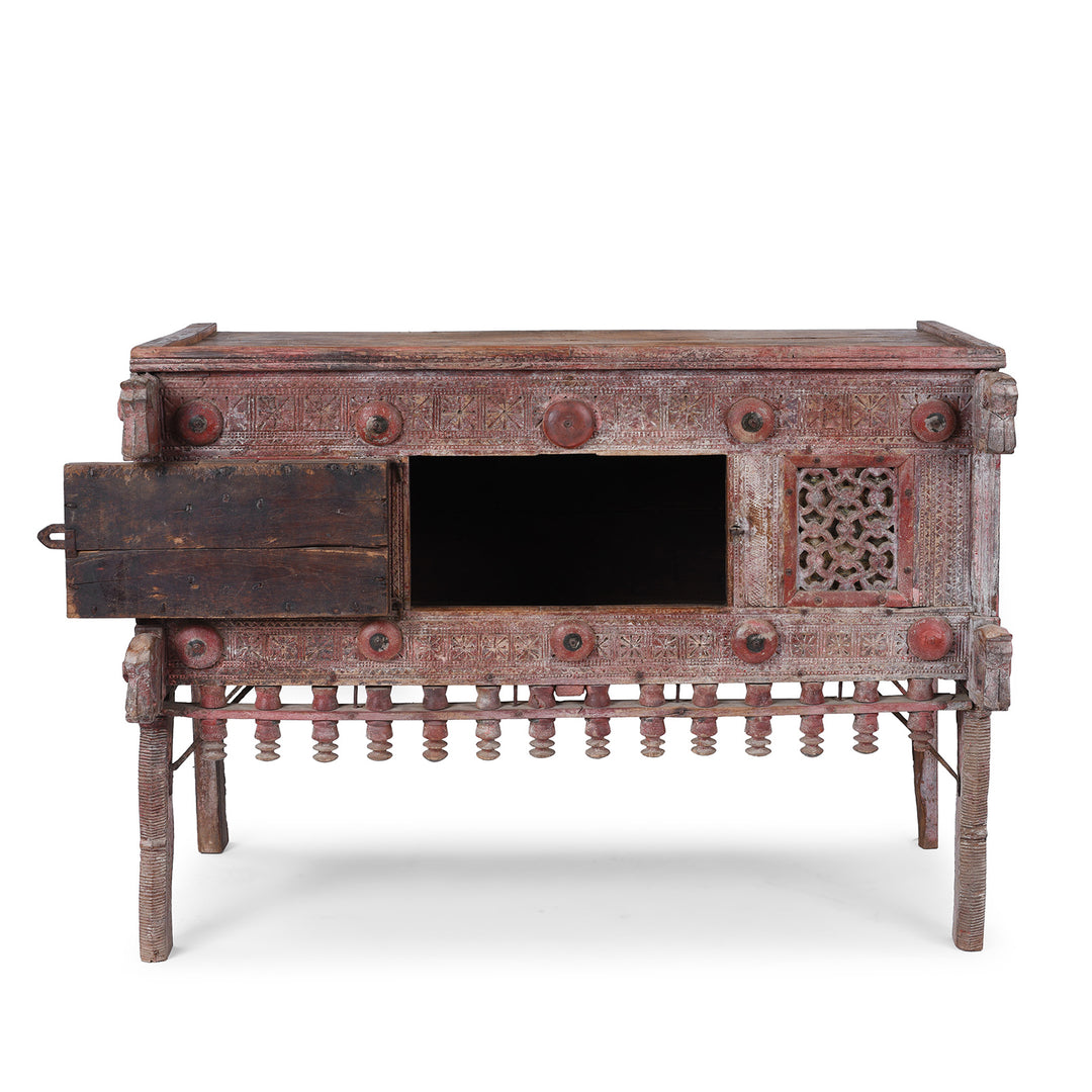 Open Door View Of Antique 19th Century Indian Majus Dowry Chest From Gujarat With Carved Panels Studs And Red Painted Finish | Indigo Antiques