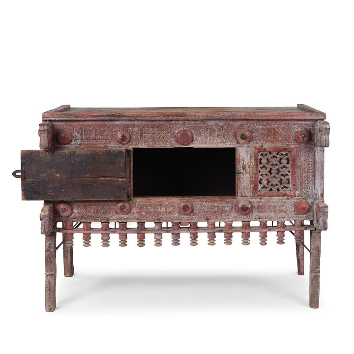 Open Door View Of Antique 19th Century Indian Majus Dowry Chest From Gujarat With Carved Panels Studs And Red Painted Finish | Indigo Antiques