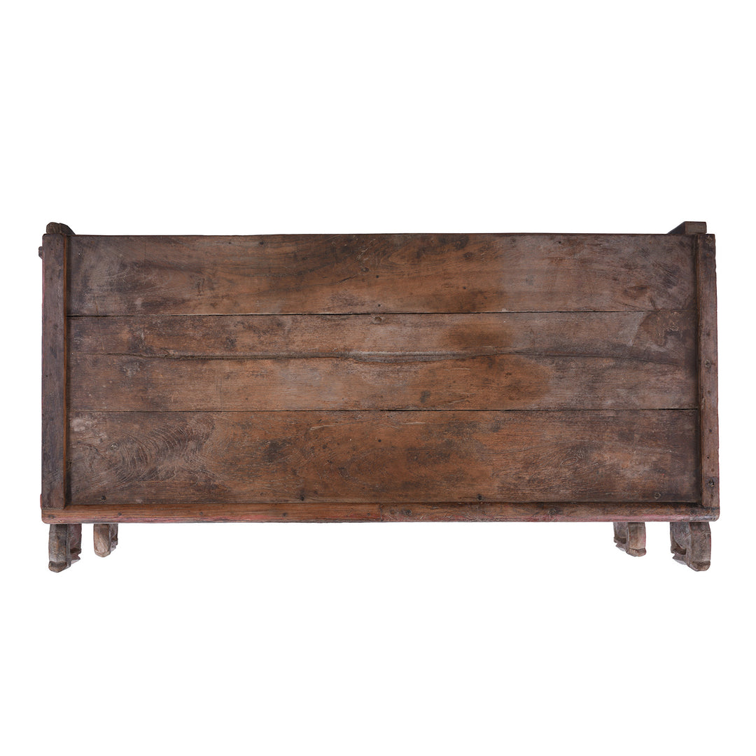 Top Down View Of Antique 19th Century Indian Majus Dowry Chest From Gujarat With Carved Panels Studs And Red Painted Finish | Indigo Antiques