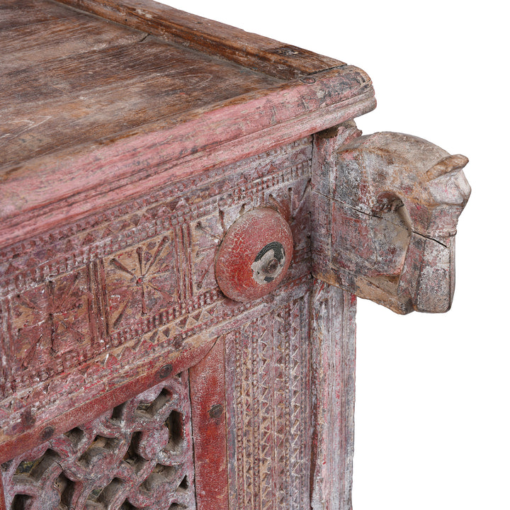Horse Head Detail From Antique 19th Century Indian Majus Dowry Chest From Gujarat With Carved Panels Studs And Red Painted Finish | Indigo Antiques