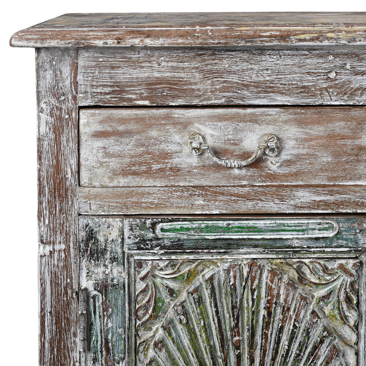 Corner Detail From Reclaimed Teak Side Cabinet With Painted Finish | Indigo Antiques