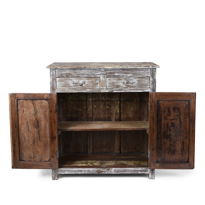 Open Doors View Of Reclaimed Teak Side Cabinet With Painted Finish | Indigo Antiques