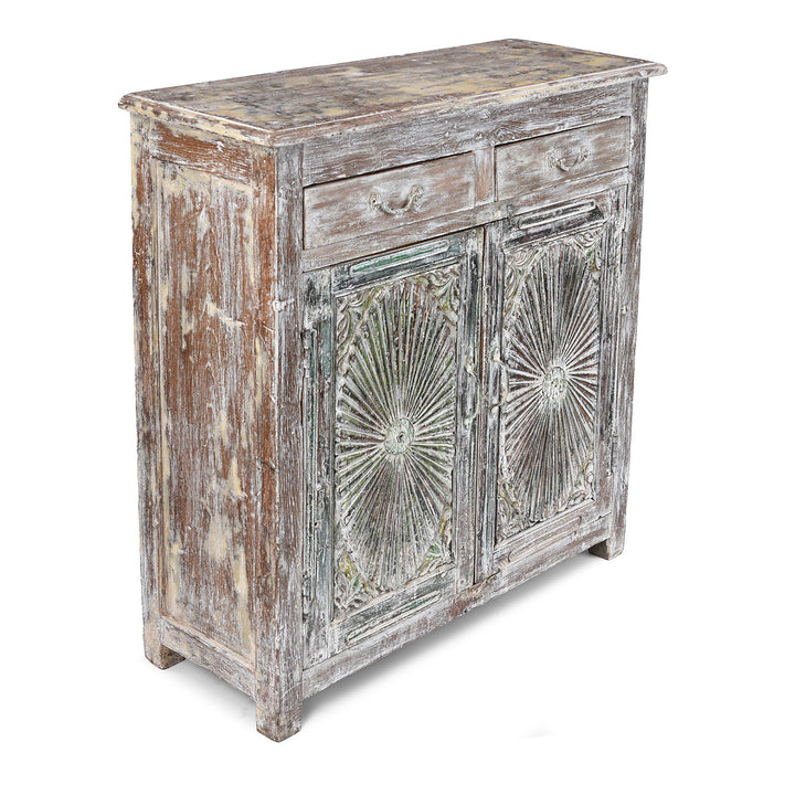 Angled VIew Of Reclaimed Teak Side Cabinet With Painted Finish | Indigo Antiques