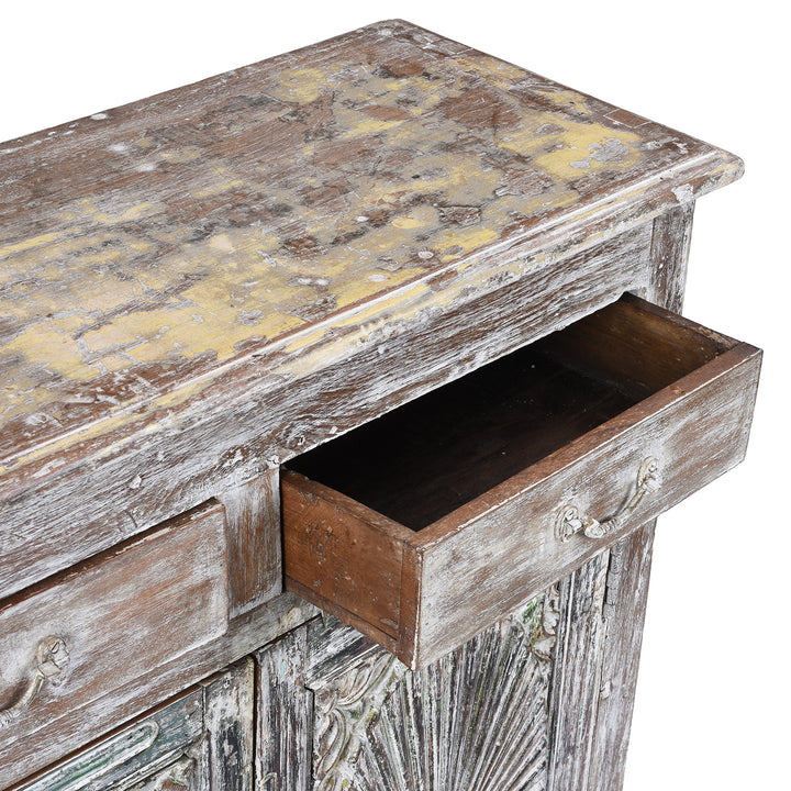 Drawer Detail From Reclaimed Teak Side Cabinet With Painted Finish | Indigo Antiques
