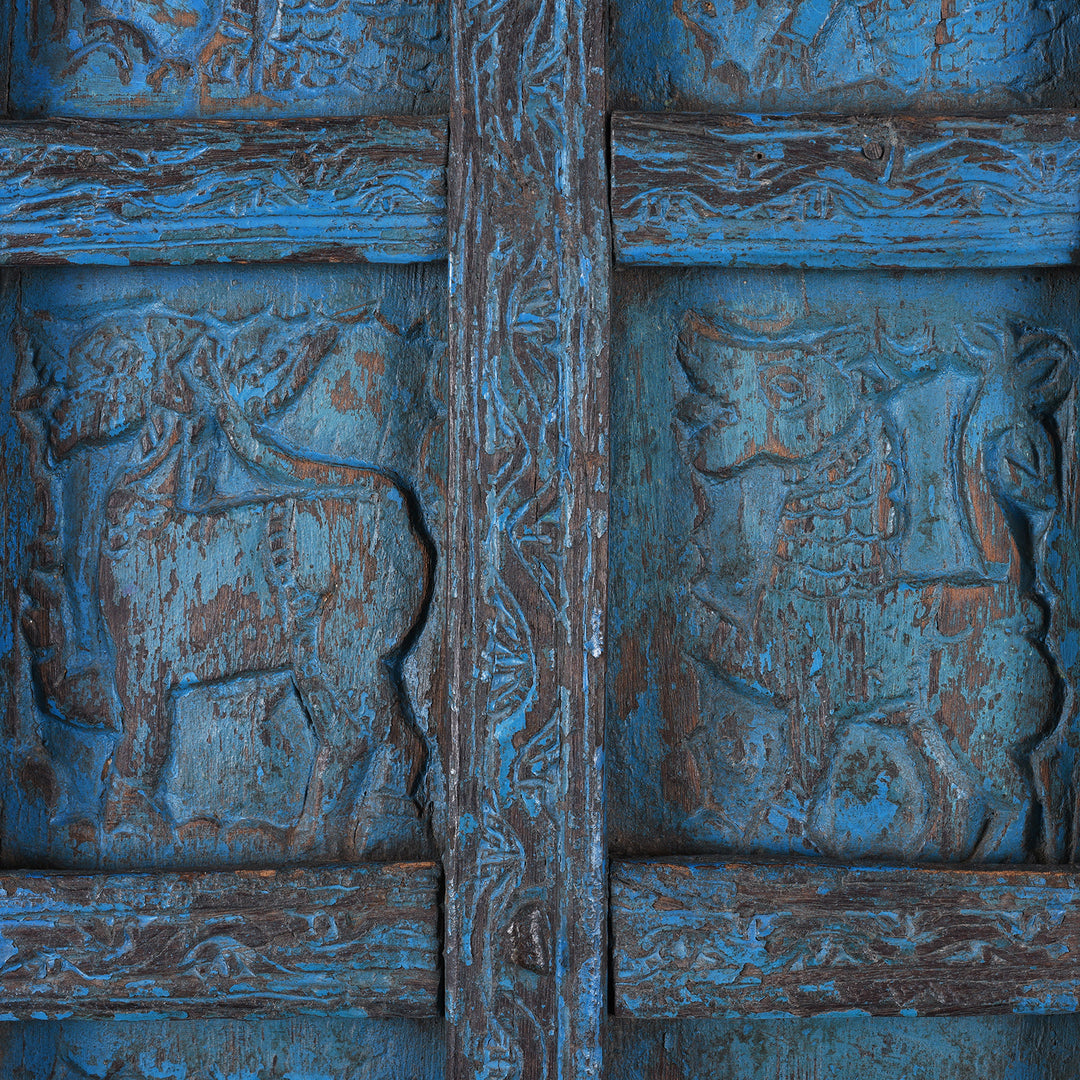 Carving Detail From Antique Indian Blue Painted Tribal Door | Indigo Antiques