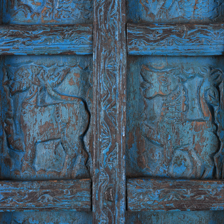 Carving Detail From Antique Indian Blue Painted Tribal Door | Indigo Antiques