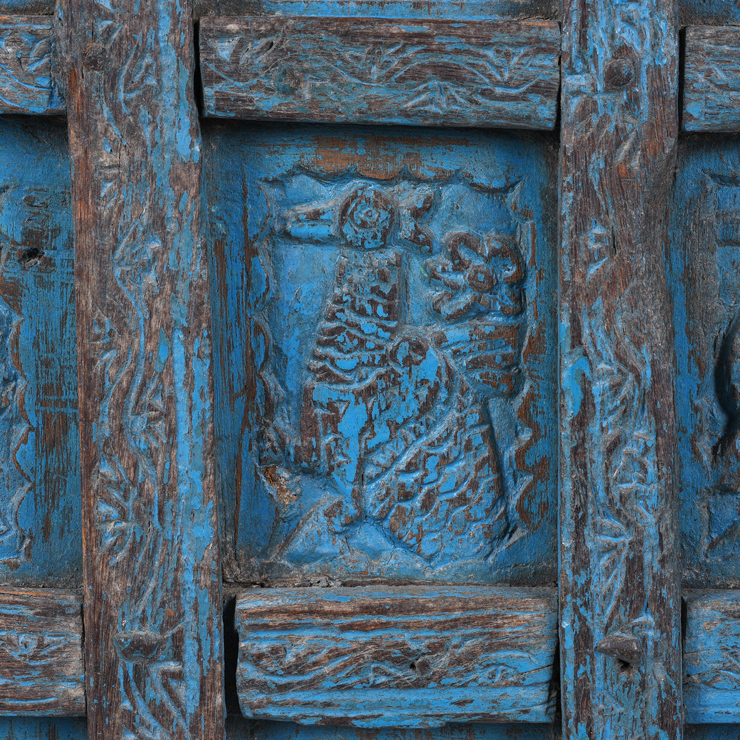 Carving Detail From Antique Indian Blue Painted Tribal Door | Indigo Antiques