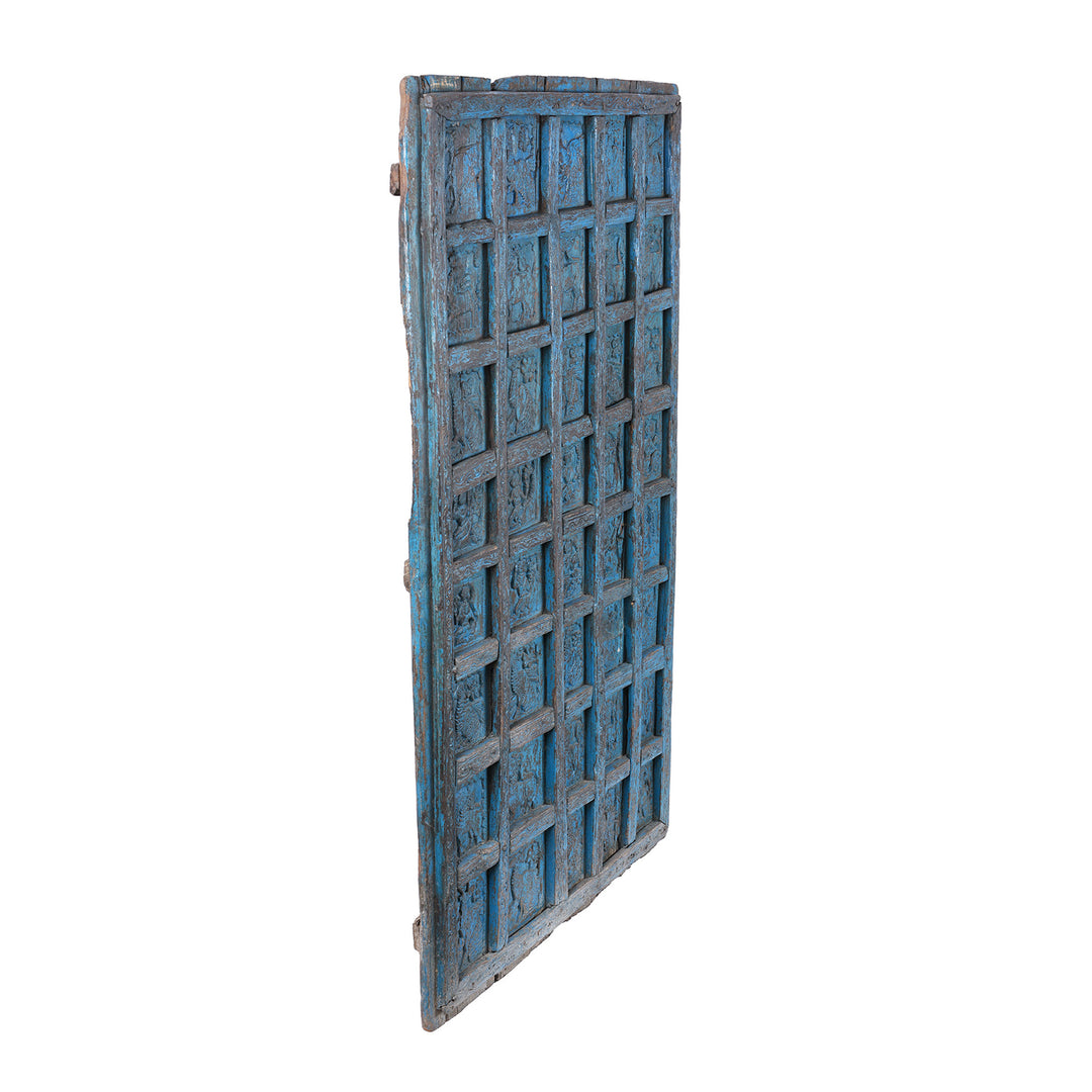 Angled VIew Of Antique Indian Blue Painted Tribal Door | Indigo Antiques