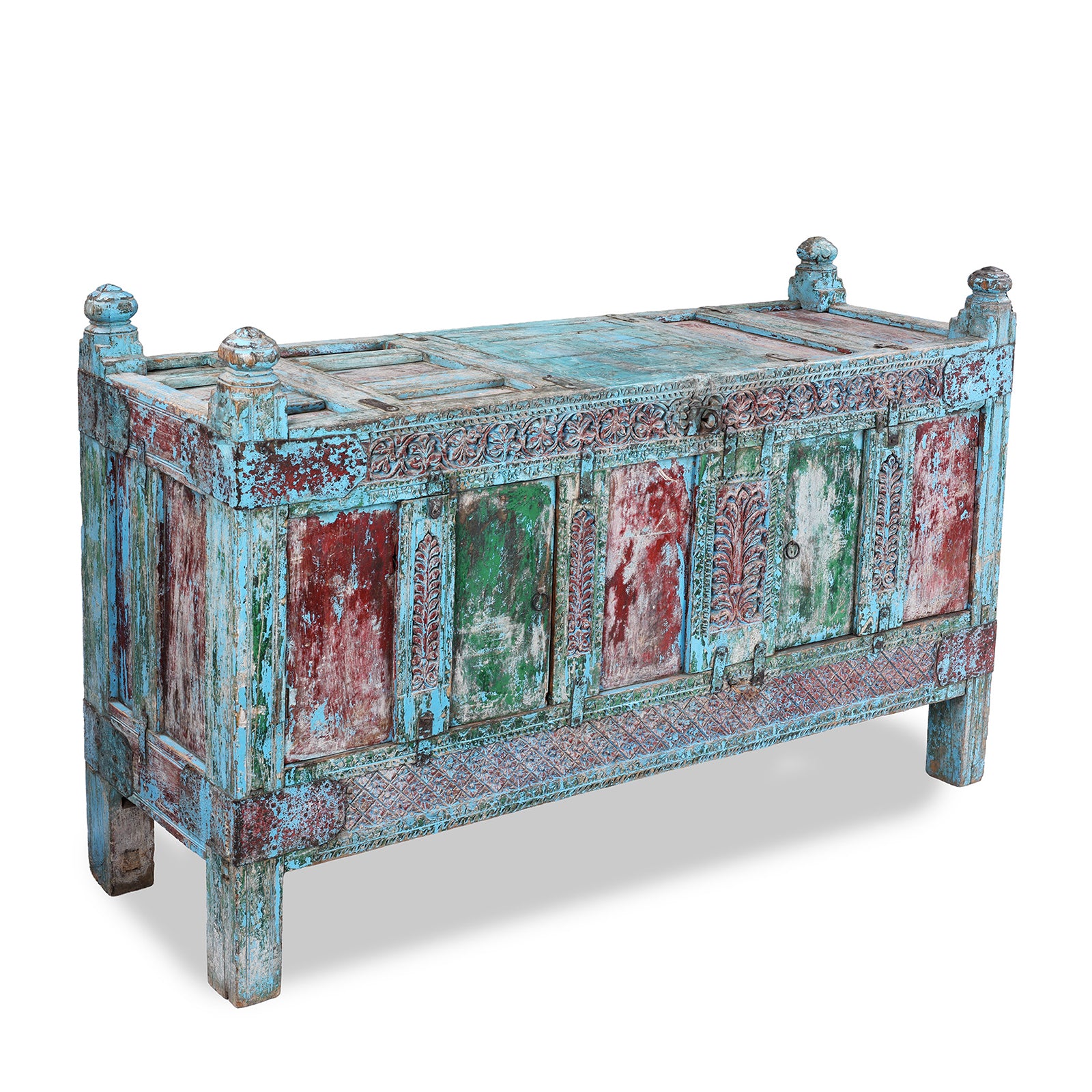 Angled VIew Of Antique Indian Carved Manjus Dowry Chest | Indigo Antiques