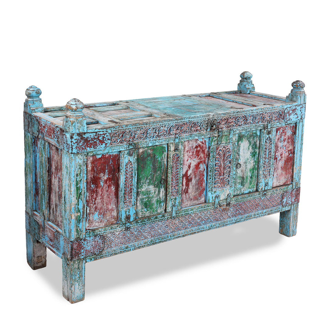 Angled VIew Of Antique Indian Carved Manjus Dowry Chest | Indigo Antiques