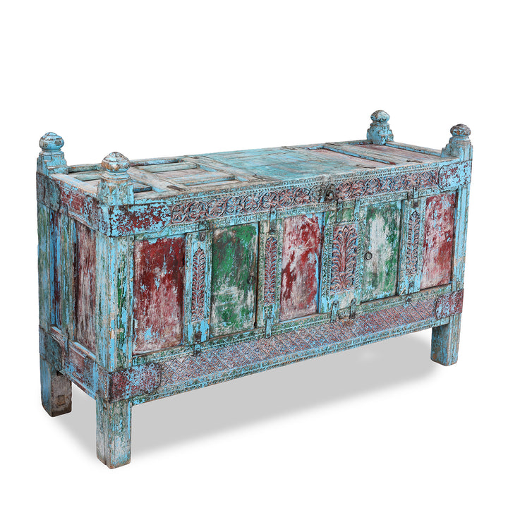 Angled VIew Of Antique Indian Carved Manjus Dowry Chest | Indigo Antiques