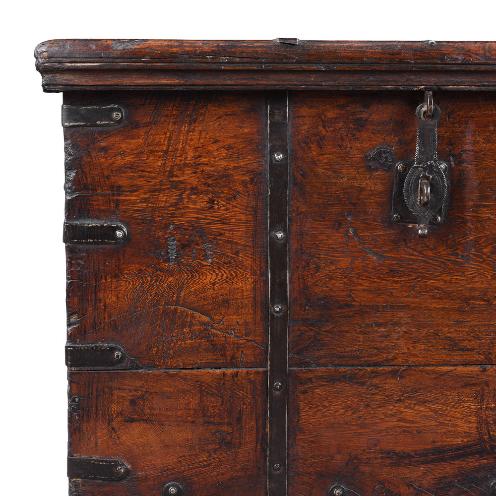 Corner Detail Showing Binding On Antique Indian Iron Bound Teak Chest On Wheels | Indigo Antiques