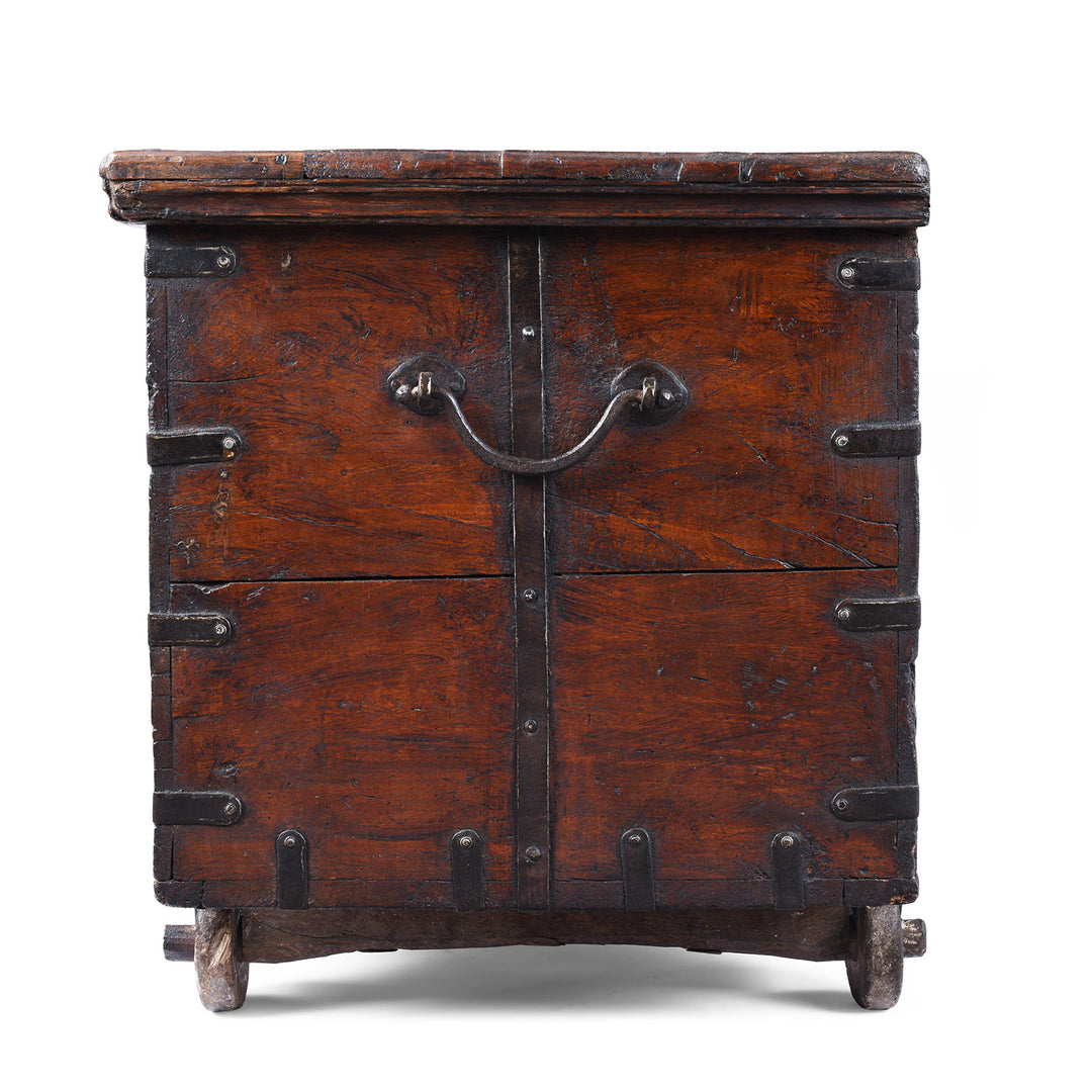 Side VIew Of Antique Indian Iron Bound Teak Chest On Wheels | Indigo Antiques