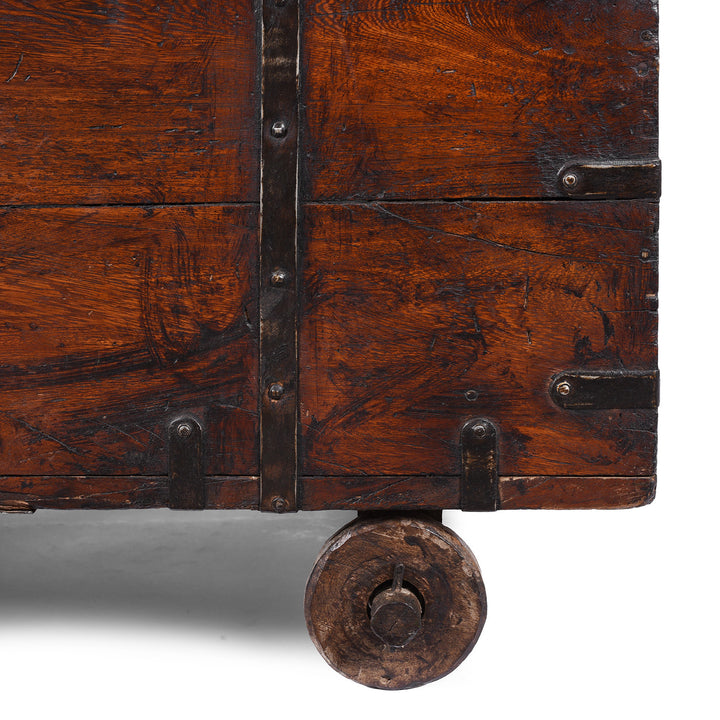 Wheel Detail From Antique Indian Iron Bound Teak Chest On Wheels | Indigo Antiques