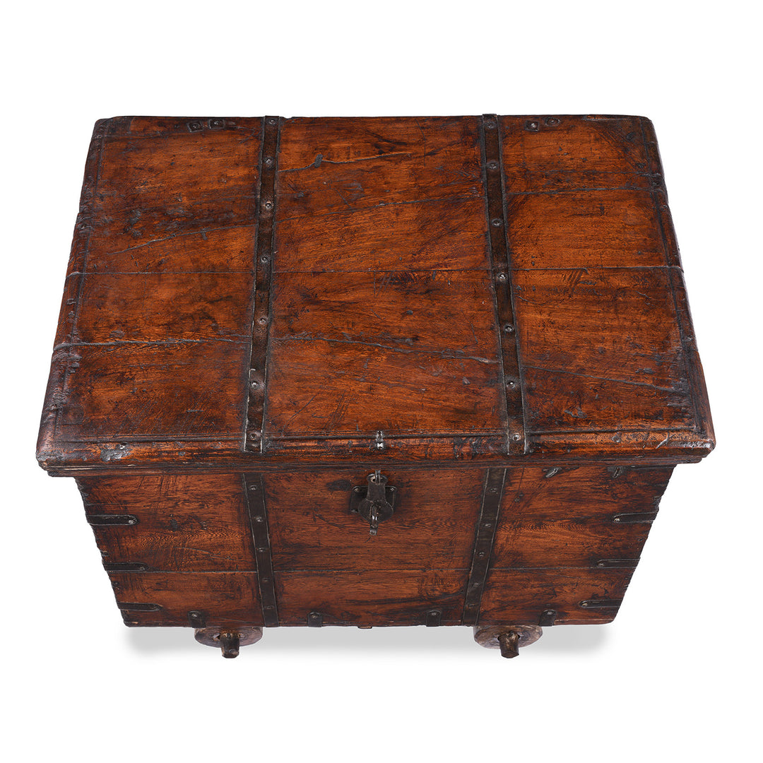 Top Down View Of Antique Indian Iron Bound Teak Chest On Wheels | Indigo Antiques