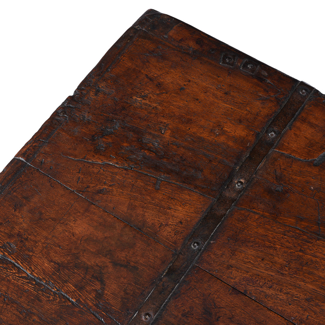 Surface Detail From Antique Indian Iron Bound Teak Chest On Wheels | Indigo Antiques