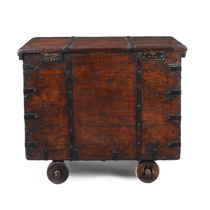 Back Of Antique Indian Iron Bound Teak Chest On Wheels | Indigo Antiques