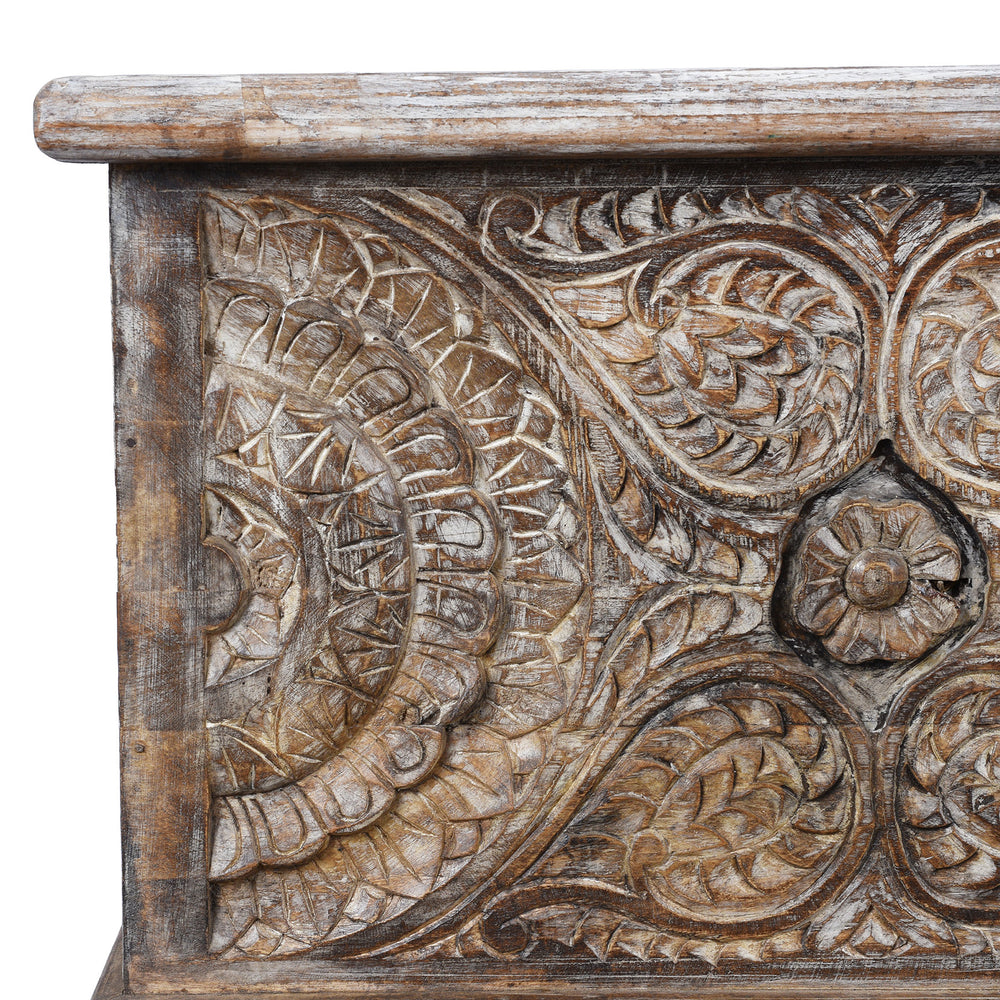 Corner Detail From Carved Blanket Chest Made From Reclaimed Painted Teak | Indigo Antiques