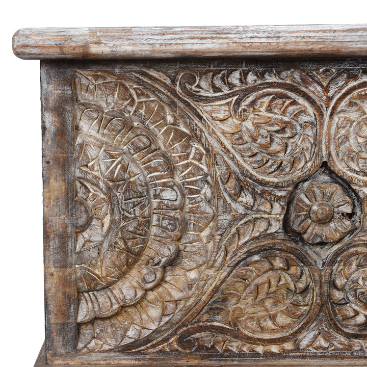 Corner Detail From Carved Blanket Chest Made From Reclaimed Painted Teak | Indigo Antiques