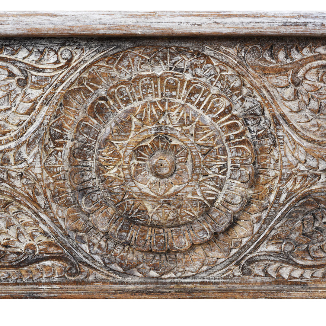Carving Detail From Carved Blanket Chest Made From Reclaimed Painted Teak | Indigo Antiques